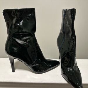Green patent leather booties, never worn, with a 4” heel.